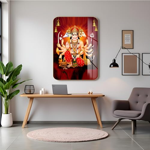 Masstone Premium Crystal Panchmukhi Hanumanji High Gloss Surface Golden Slim Frame, 45x30 cm – Wall Art for Living Room, Bedroom, and Office Décor - Image 1