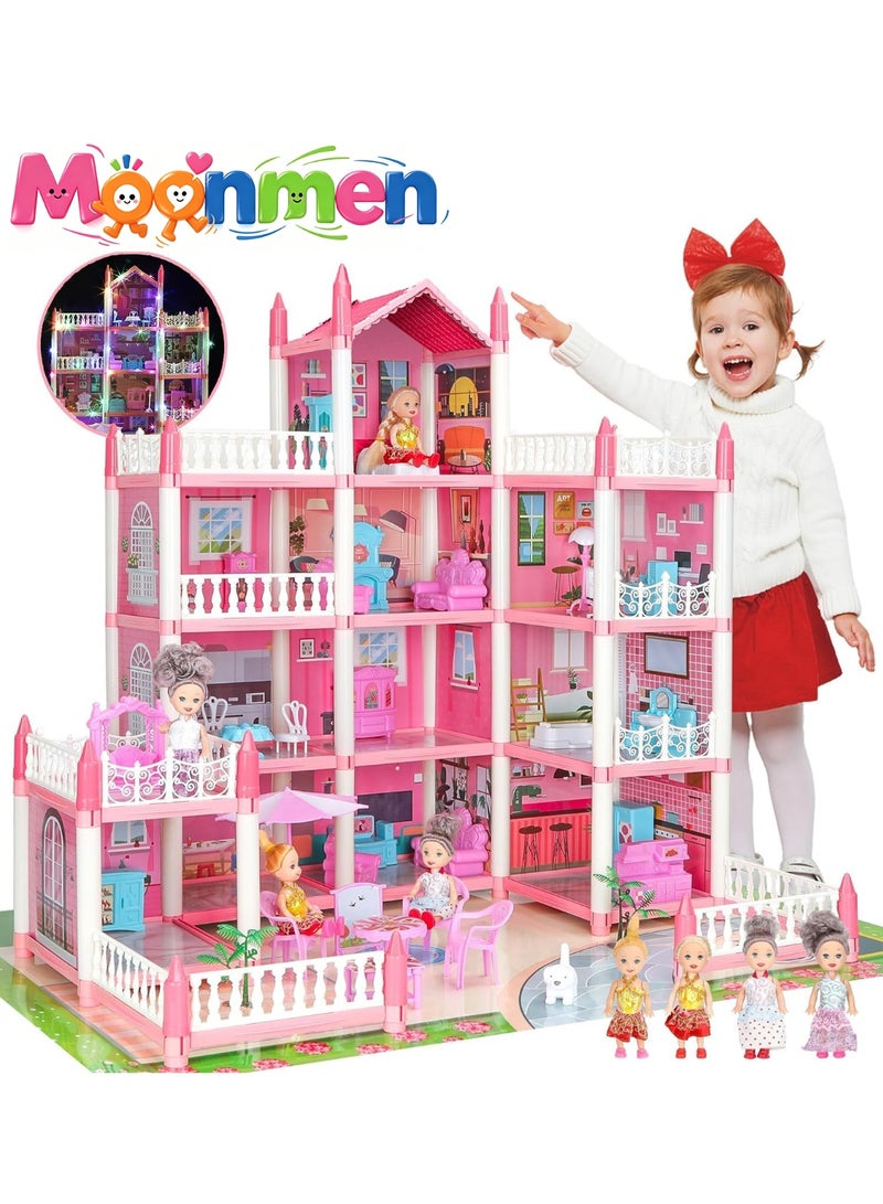 Moonmen Doll House Set for Girls, Princess House Toys with Doll Furniture and 14 Rooms,Pretend Play Dreamhouse DIY Dollhouse with Light Strip for Kids, Building Dolls Playset Toys Kit Gift for Ages 6+ - Image 1