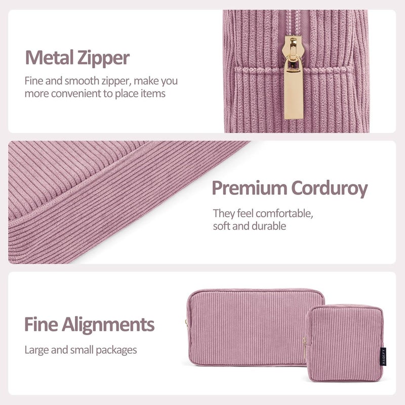 MAGEFY Small Makeup Bag Corduroy Make up Bag with Compartments Travel Cosmetics Bag for Women Girls Makeup Pouch, Small+large-pink-2pcs, Well-made Compact Size Corduroy Makeup Bags for Storage - Image 4