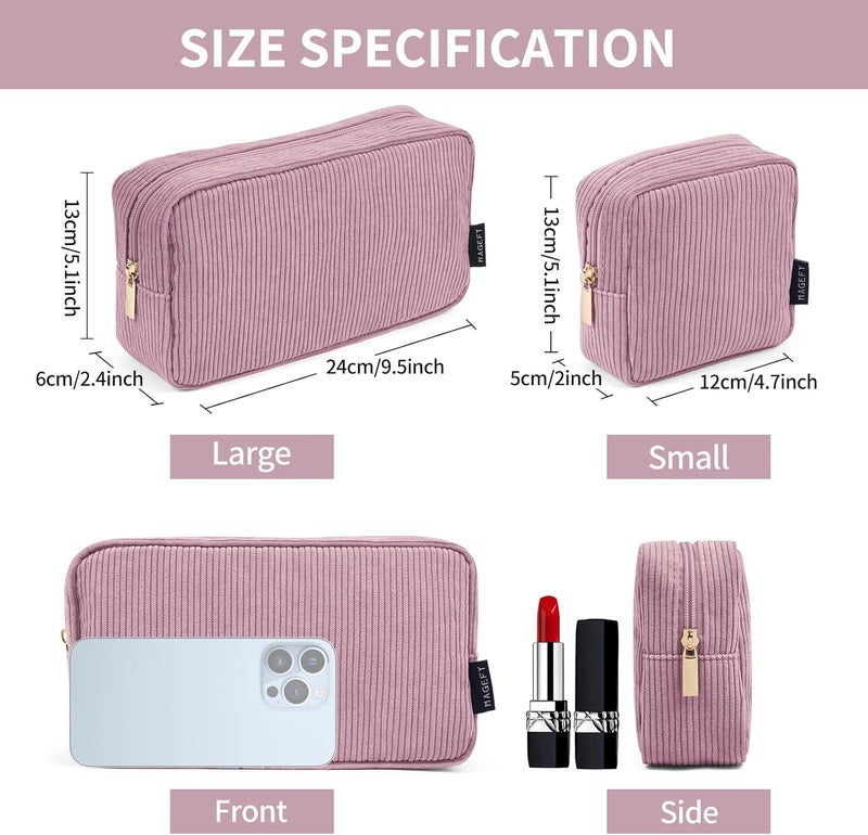 MAGEFY Small Makeup Bag Corduroy Make up Bag with Compartments Travel Cosmetics Bag for Women Girls Makeup Pouch, Small+large-pink-2pcs, Well-made Compact Size Corduroy Makeup Bags for Storage - Image 5