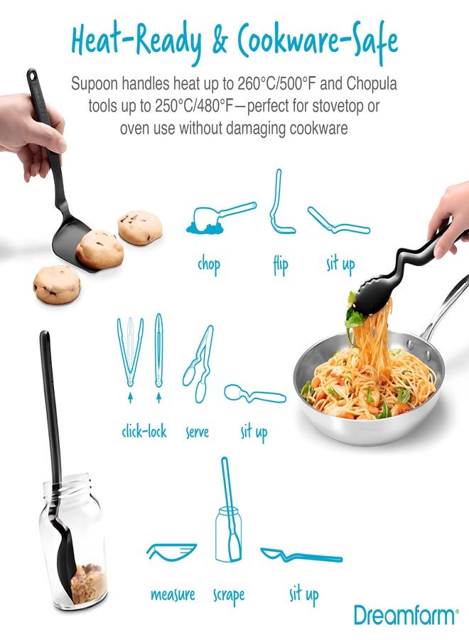 دريم فارم مجموعة أدوات المطبخ اليومية من دريم فارم (أسود) - ملقط كلونجز لايت كليك-لوك، وملاعق كشط، وملاعق مسطحة صغيرة، وملاعق مسطحة كبيرة، وملاعق مسطحة صغيرة - مصنوعة من النايلون/السيليكون المقاوم للحرارة للطبخ والخبز - Image 2