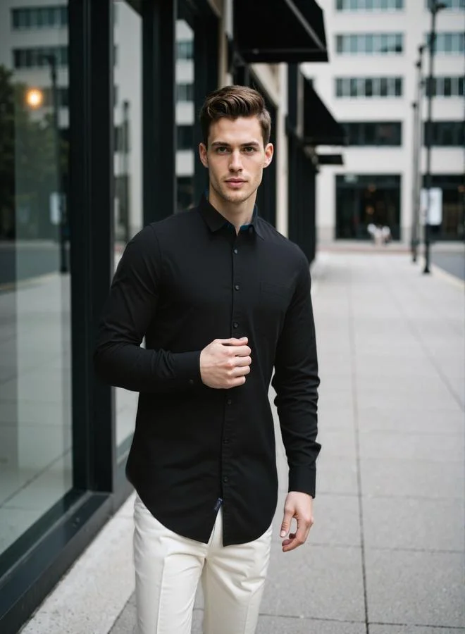 دينيس لينغو قميص رجالي أسود قطن سادة بأزرار مقاس عادي