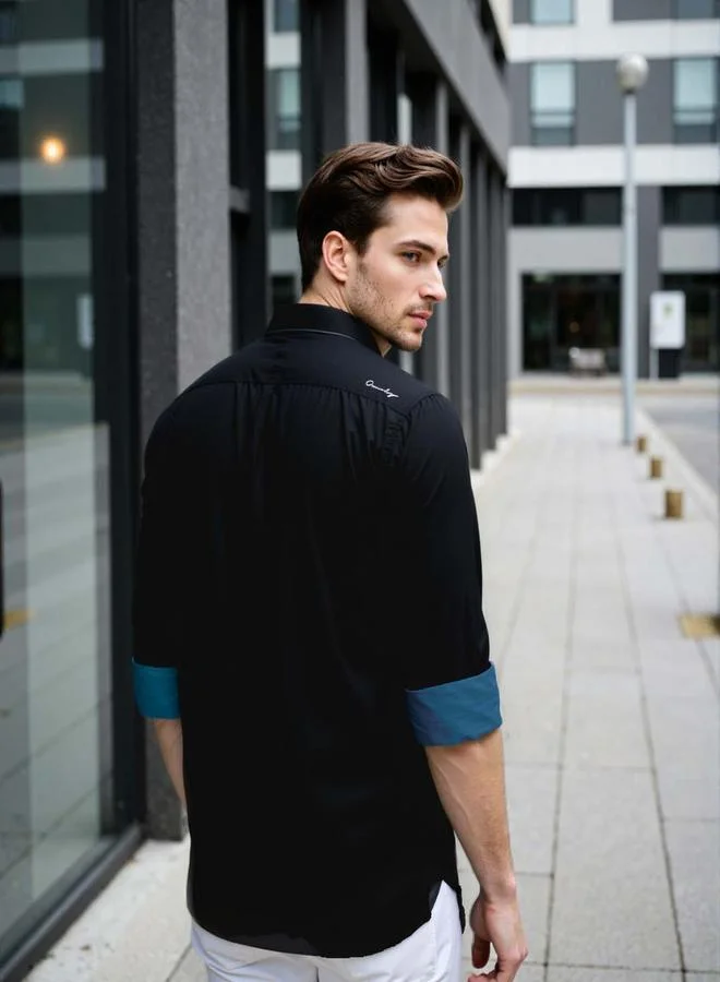 دينيس لينغو قميص رجالي أسود قطن سادة بأزرار مقاس عادي