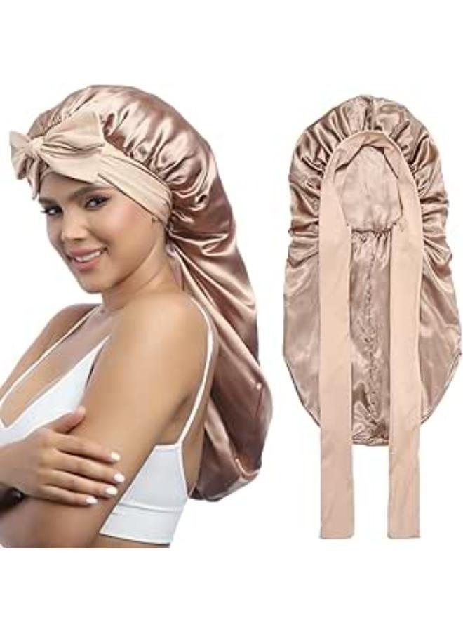 Joyzzz Long Satin Bonnets for Women, Double Layer Elastic Silk Bonnet with Ties Band, Adjustable Ties Jumbo Size Sleep Bonnet Cap, Satin Silk Shower Cap for Long Hair, Braids, Curly Hair (Beige)