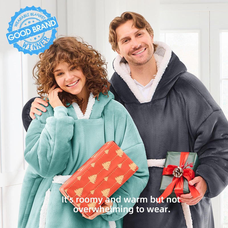 JOYWOO Wearable Blanket Hoodie,Oversized Cat Lovers Sweatshirt Blanket for Adult & Teens, Birthday Gifts for Women Men Mom Girl Boys,Cozy Sherpa Fuzzy Blanket Giant Pocket Gifts,Blue Gray Small - Image 2
