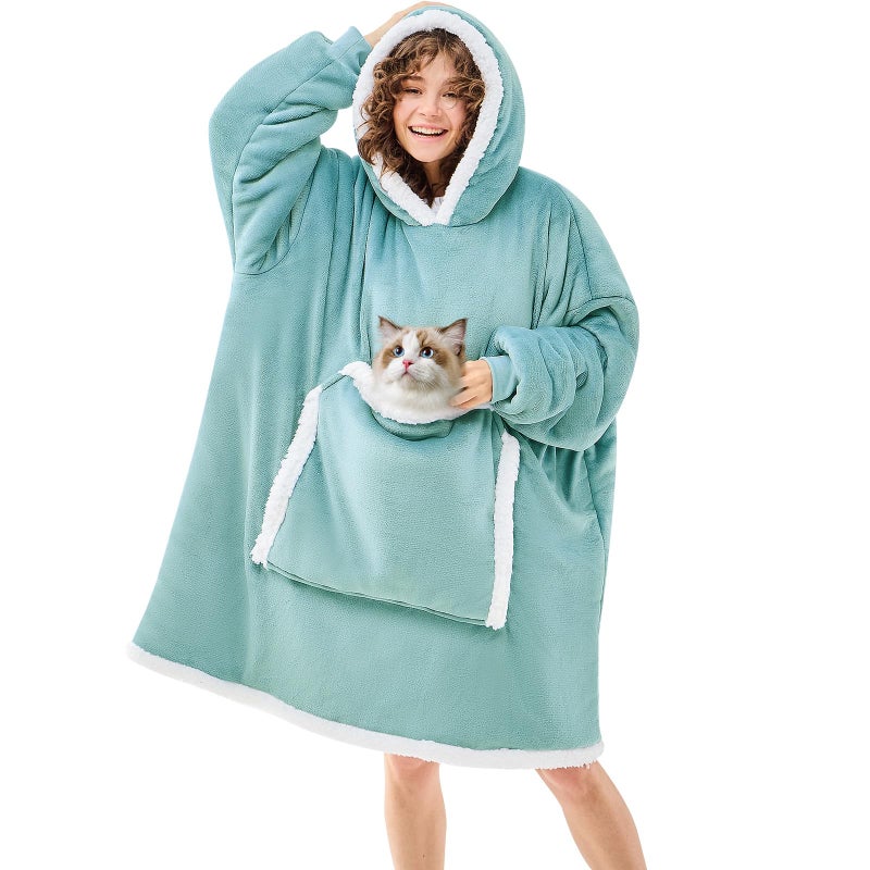 JOYWOO Wearable Blanket Hoodie,Oversized Cat Lovers Sweatshirt Blanket for Adult & Teens, Birthday Gifts for Women Men Mom Girl Boys,Cozy Sherpa Fuzzy Blanket Giant Pocket Gifts,Blue Gray Small - Image 1