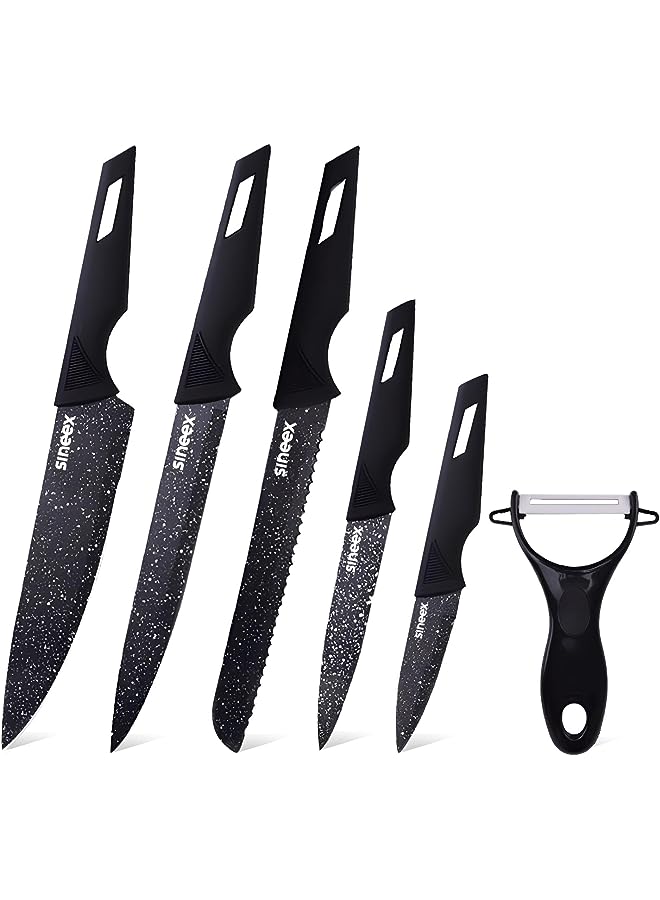 IAF 6Pcs Chef Kitchen Knife Set, Wheat Spot Stainless Steel Kitchen Knives w/Vegetable Peeler, Non-stick Sharp Blades w/Safe & Sturdy Handles for Slicing Dicing Chopping Paring Cutting (Black) - Image 1