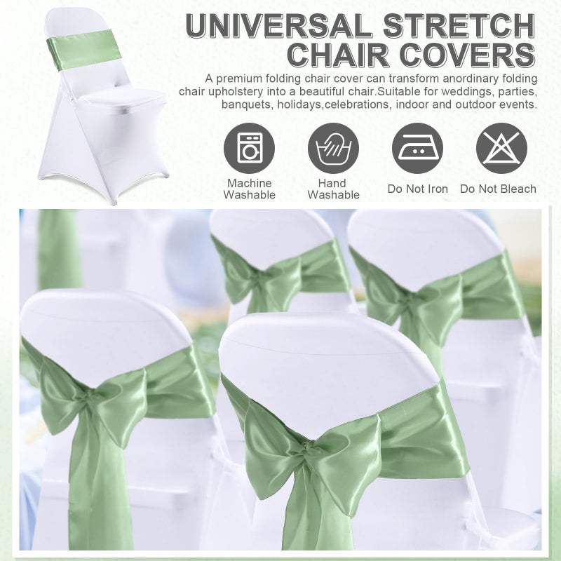 Lounsweer 50 Pcs Folding Chair Cover Set with 25 Stretch Spandex Slipcovers 25 Satin Chair Sashes Bows Ribbon Washable Banquet Protector for Wedding Event Party(White, Sage Green) - Image 3