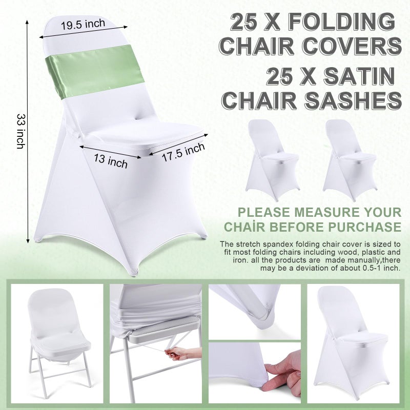 Lounsweer 50 Pcs Folding Chair Cover Set with 25 Stretch Spandex Slipcovers 25 Satin Chair Sashes Bows Ribbon Washable Banquet Protector for Wedding Event Party(White, Sage Green) - Image 2
