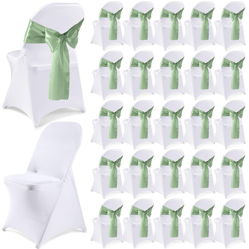 Lounsweer 50 Pcs Folding Chair Cover Set with 25 Stretch Spandex Slipcovers 25 Satin Chair Sashes Bows Ribbon Washable Banquet Protector for Wedding Event Party(White, Sage Green) - Image 1