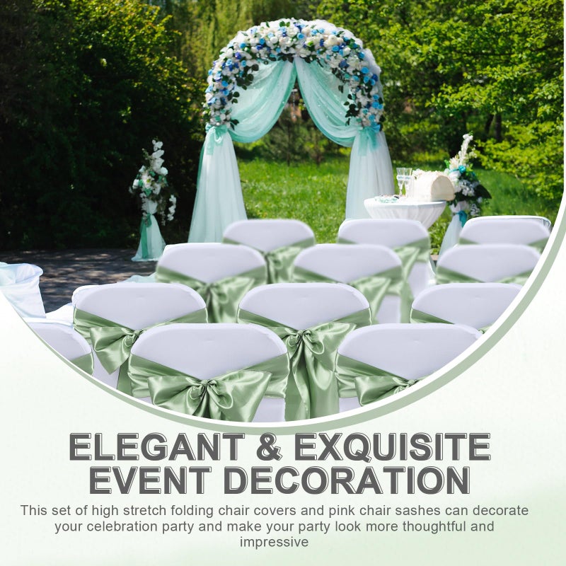 Lounsweer 50 Pcs Folding Chair Cover Set with 25 Stretch Spandex Slipcovers 25 Satin Chair Sashes Bows Ribbon Washable Banquet Protector for Wedding Event Party(White, Sage Green) - Image 5