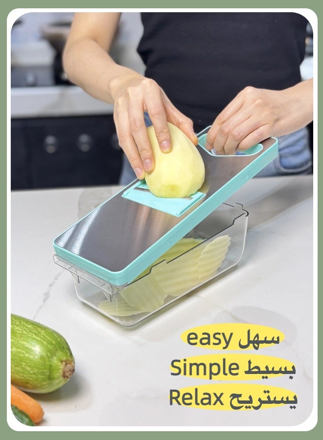 Household Mutifunctional Vegetable Chopper Kits, 6 Blade Slicers with Large Capacity Container Box and Hand Protector Cover, Home Essentials & Kitchen Gadgets, Salad Chopper, Teal Blue Color Kits, easy for kitchen cutting - Image 2