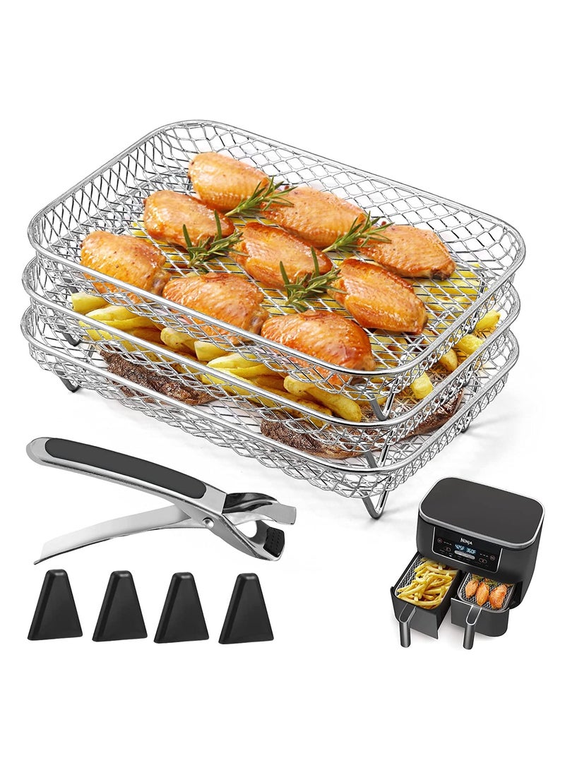 كابتن تيك Stainless Steel Air Fryer Rack Set 3 Pcs Perfect for Ninja Dual Basket Fryers Includes Clips and Elevated Feet for Optimal Cooking - Image 1