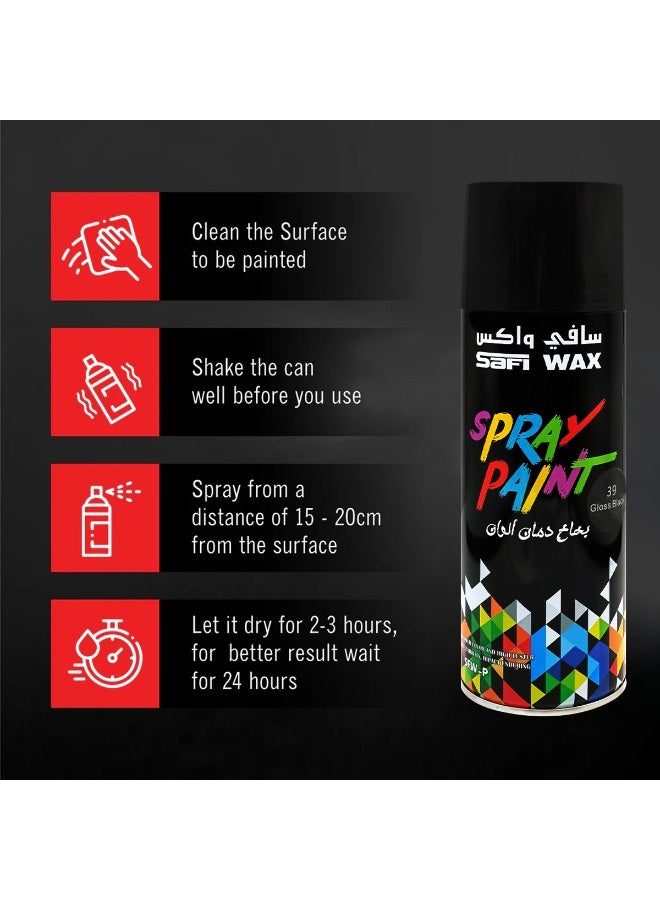 سافي واكس مجموعة من 4 عبوات من بخاخ طلاء SAFI WAX الأسود اللامع سعة 450 مل، سريع الجفاف، يمنح لمعانًا فائقًا للأسطح المعدنية والخشبية والبلاستيكية والزجاجية والجدران، بالإضافة إلى استخدامه في أعمال الصيانة المنزلية، والسيارات، والأثاث، والحرف اليدوية، والديكورات الداخلية والخارجية، كما يوفر حماية من الصدأ، SFW-P-39 - Image 5