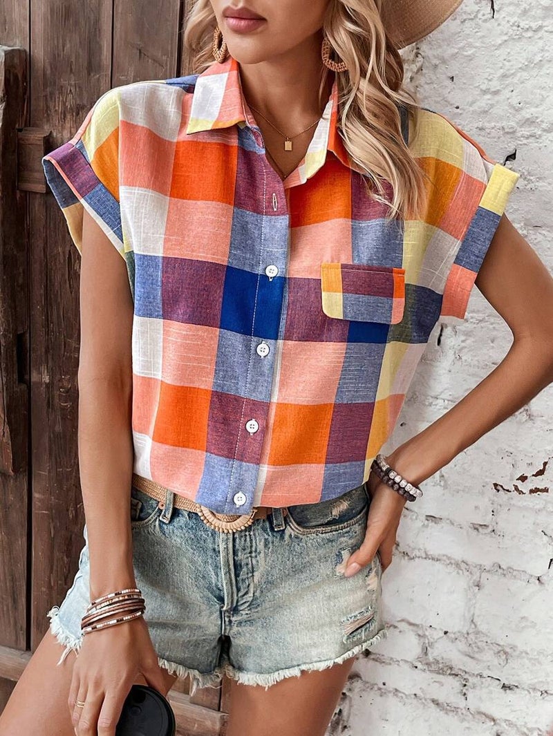 2025 Women'S Shirts Temu Fashion Lapel Swallowtail Short-Sleeved Plaid Shirts For Women - Image 1