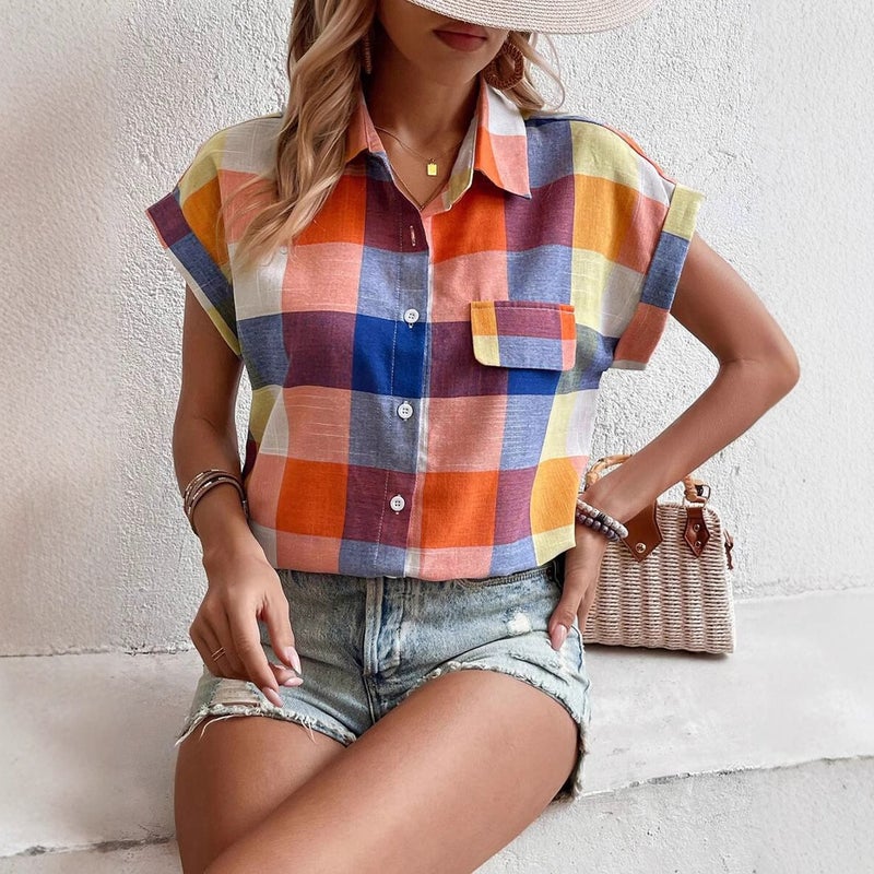 2025 Women'S Shirts Temu Fashion Lapel Swallowtail Short-Sleeved Plaid Shirts For Women - Image 3