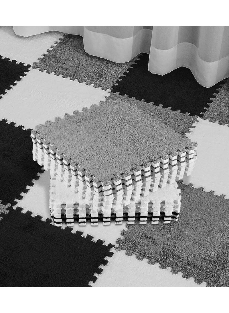 HQ-GAMING 18 Pcs Plush Foam Floor Mat Square Interlocking Carpet Tiles with Border Fluffy Play Mat Floor Tiles Soft Climbing Area Rugs for Home Playroom Decor 12 x 12 x 0.4 Inch (Black White Gray) - Image 1
