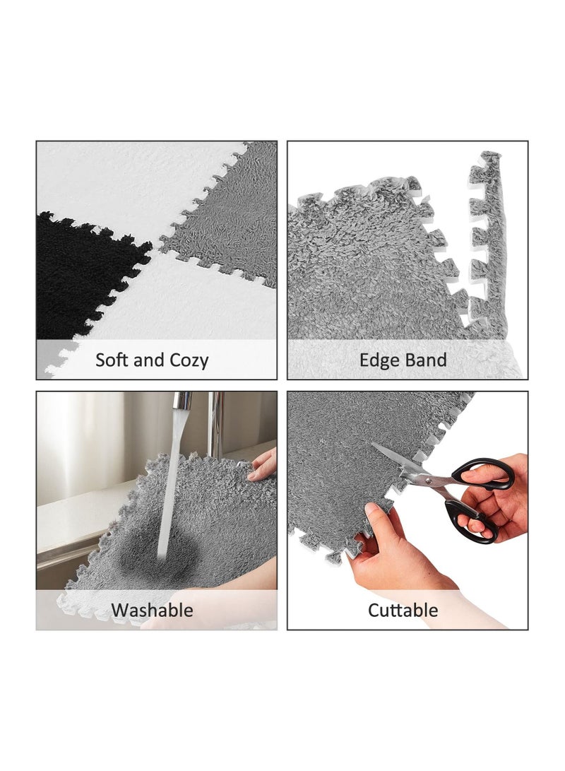 HQ-GAMING 18 Pcs Plush Foam Floor Mat Square Interlocking Carpet Tiles with Border Fluffy Play Mat Floor Tiles Soft Climbing Area Rugs for Home Playroom Decor 12 x 12 x 0.4 Inch (Black White Gray) - Image 3