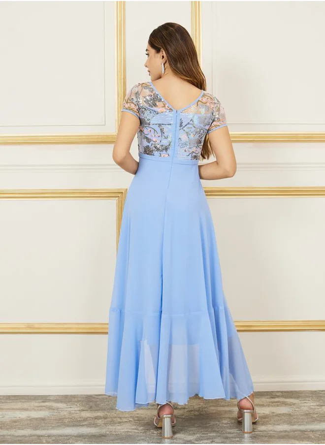 Styli Thread Embroidered Sequin Detail Mesh Insert A-Line Midi Dress