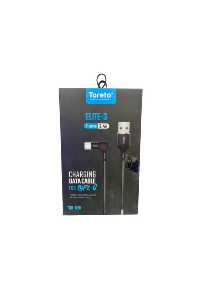 Toreto Elite-3 Type-C Charging Data Cable, Black, Aluminum Alloy Braided, 1 Meter, 2.4A Fast Charging - Image 1