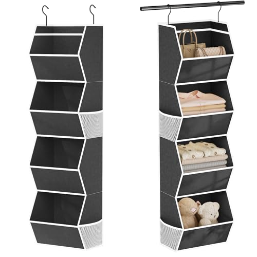 Wawocs Hanging Closet Organizer 4 Shelf Collapsible Bedroom Closet Organizers and Storage Hanging with Mesh Pocket for Clothes Closet Hanging Organizers and Storage for Fabric Wardrobe Space Saver Black - Image 1