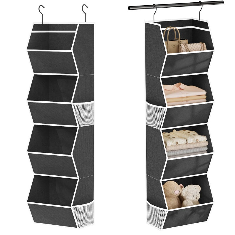 Wawocs Hanging Closet Organizer 4 Shelf Collapsible Bedroom Closet Organizers and Storage Hanging with Mesh Pocket for Clothes Closet Hanging Organizers and Storage for Fabric Wardrobe Space Saver Black - Image 2