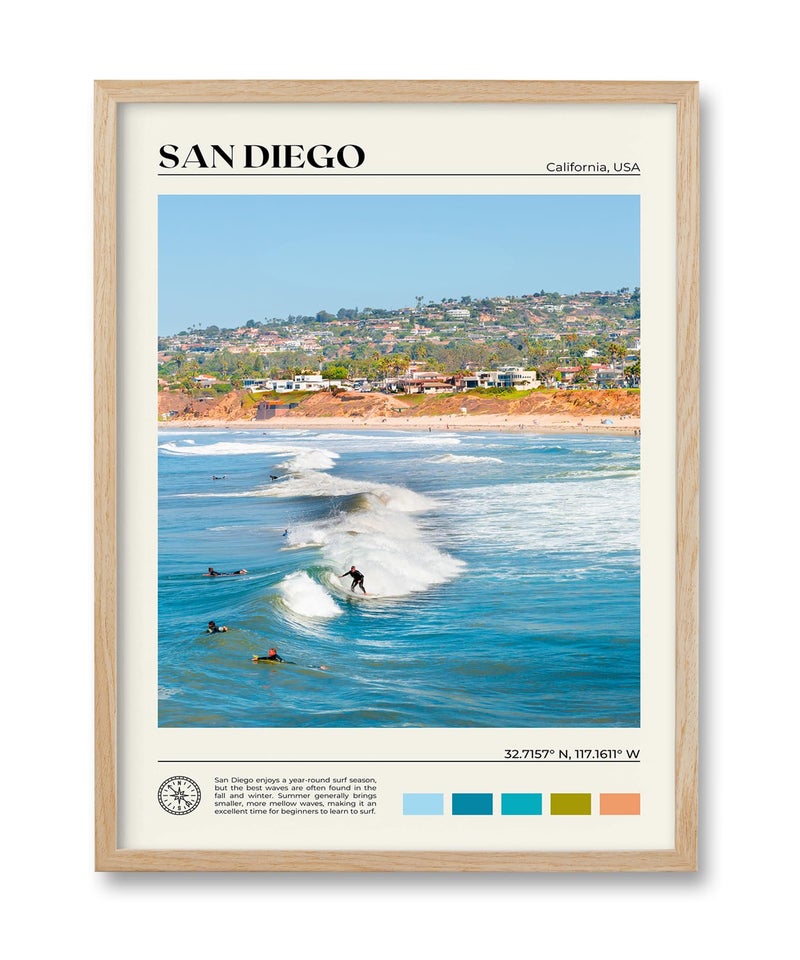 HesenDot Natural OAK Wood San Diego Surfing Framed Wall Art,12x16in Natural Seascape Canvas Wall Print,Classic Urban Landmark Wall Decor for Living Room,Bedroom,Office Gallery Gifts Set of 1 - Image 1