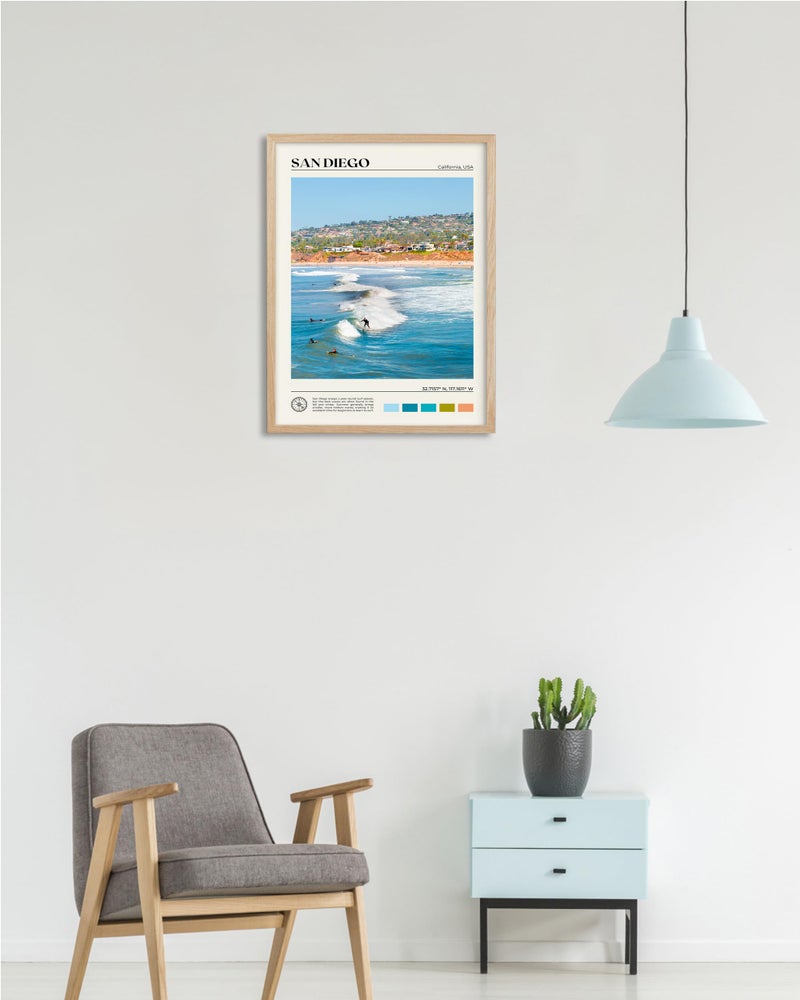 HesenDot Natural OAK Wood San Diego Surfing Framed Wall Art,12x16in Natural Seascape Canvas Wall Print,Classic Urban Landmark Wall Decor for Living Room,Bedroom,Office Gallery Gifts Set of 1 - Image 2