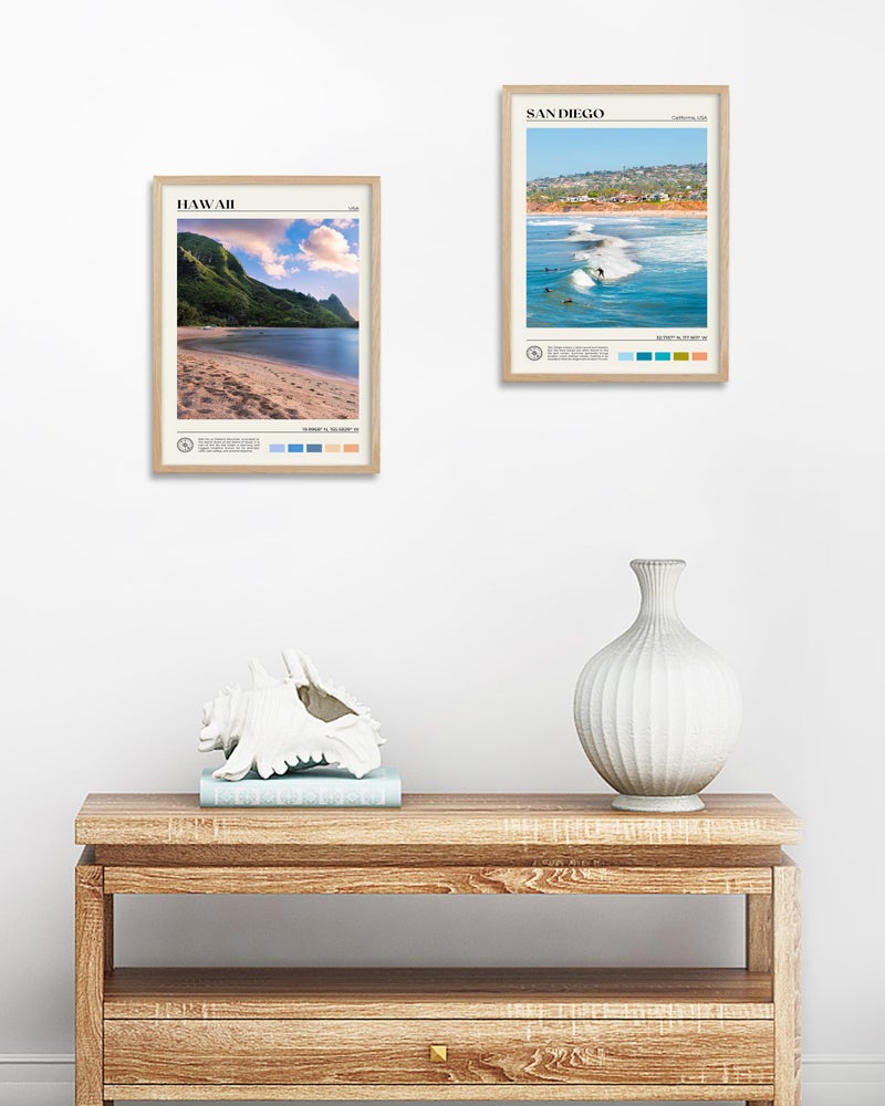 HesenDot Natural OAK Wood San Diego Surfing Framed Wall Art,12x16in Natural Seascape Canvas Wall Print,Classic Urban Landmark Wall Decor for Living Room,Bedroom,Office Gallery Gifts Set of 1 - Image 4