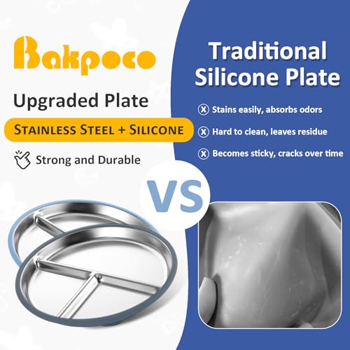 Bakpoco Stainless Steel Suction Plates for Toddlers, 9" Divided Kids Baby Plates with Removable Silicone Suction, Non Toxic Non Slip Portion Control Snack Dishes 4 Packs, Blue Gray Navy Sage - Image 3