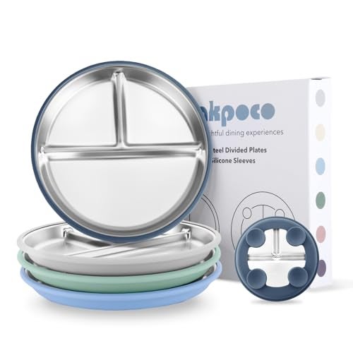 Bakpoco Stainless Steel Suction Plates for Toddlers, 9" Divided Kids Baby Plates with Removable Silicone Suction, Non Toxic Non Slip Portion Control Snack Dishes 4 Packs, Blue Gray Navy Sage - Image 1