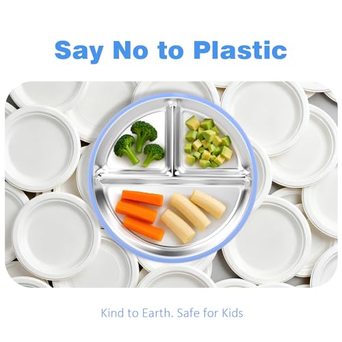 Bakpoco Stainless Steel Suction Plates for Toddlers, 9" Divided Kids Baby Plates with Removable Silicone Suction, Non Toxic Non Slip Portion Control Snack Dishes 4 Packs, Blue Gray Navy Sage - Image 2