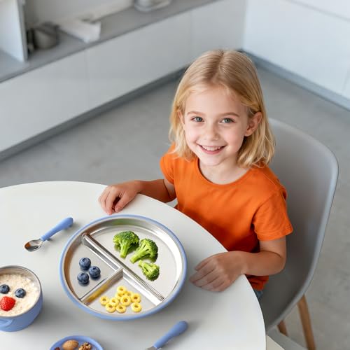 Bakpoco Stainless Steel Suction Plates for Toddlers, 9" Divided Kids Baby Plates with Removable Silicone Suction, Non Toxic Non Slip Portion Control Snack Dishes 4 Packs, Blue Gray Navy Sage - Image 5