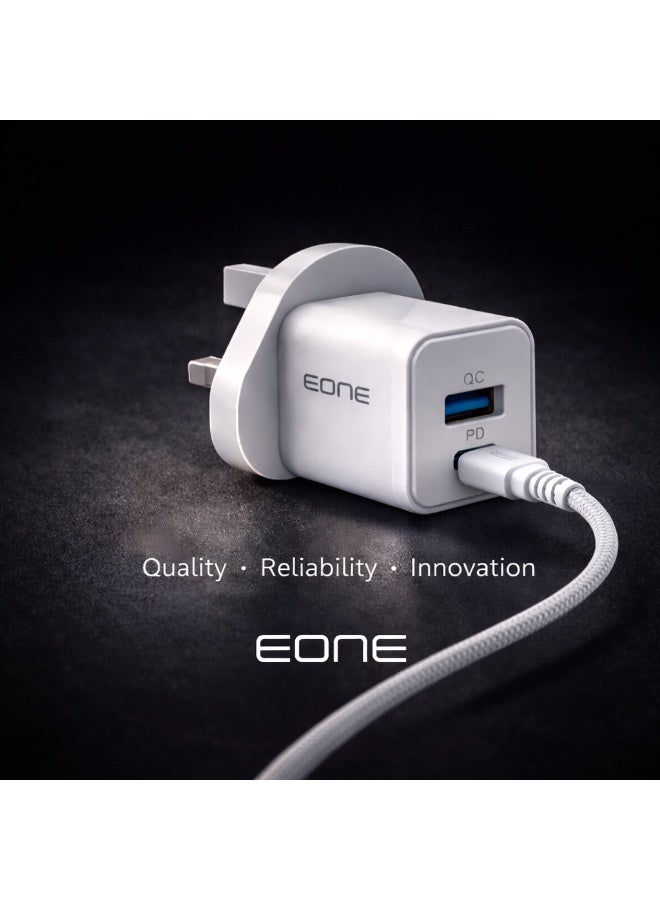 إيون شاحن EONE سريع بقدرة 20 واط بتقنية GaN، مزود بمنفذين USB-C PD و USB-A QC، شاحن حائط مع كابل، شاحن سفر صغير الحجم لأجهزة iPhone و iPad و AirPods وغيرها - أبيض - Image 4