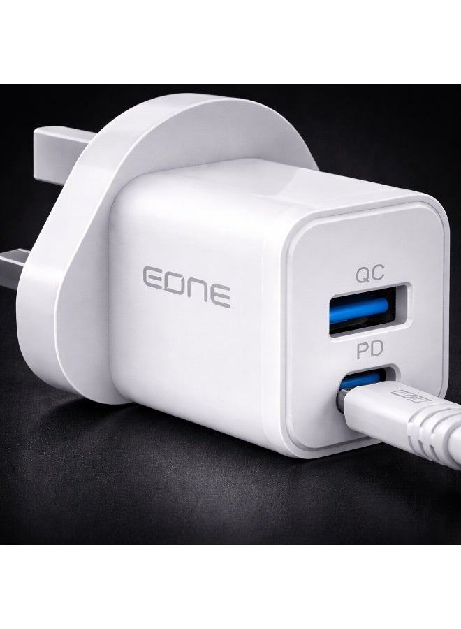 إيون شاحن EONE سريع بقدرة 20 واط بتقنية GaN، مزود بمنفذين USB-C PD و USB-A QC، شاحن حائط مع كابل، شاحن سفر صغير الحجم لأجهزة iPhone و iPad و AirPods وغيرها - أبيض - Image 3