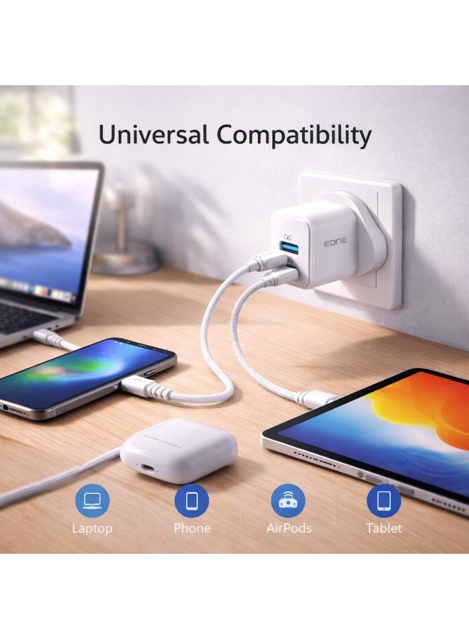 إيون شاحن EONE سريع بقدرة 20 واط بتقنية GaN، مزود بمنفذين USB-C PD و USB-A QC، شاحن حائط مع كابل، شاحن سفر صغير الحجم لأجهزة iPhone و iPad و AirPods وغيرها - أبيض - Image 5