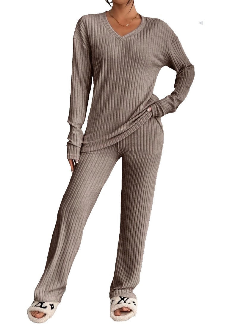 SOLOBUY Women's pajama set, Soft and Comfy, Color Coffe, Long Sleeve, Pants  - Image 1