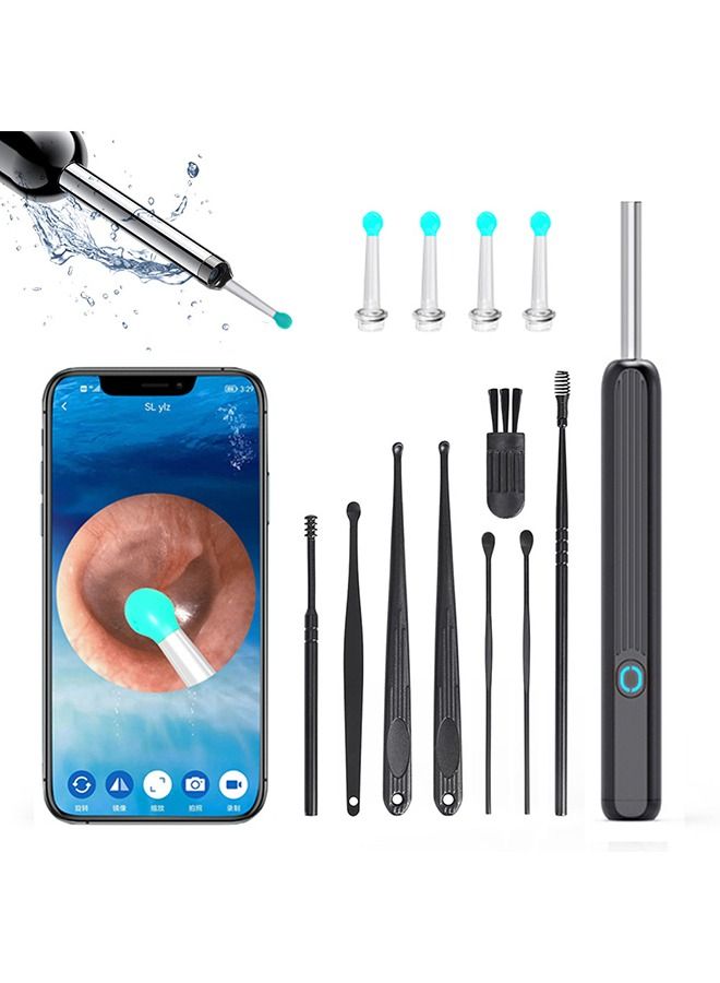 Arabest Ear Wax Removal, Wi-Fi Visible Wax Elimination Spoon with 4 Soft Silicone Ear Scoops and 8 black ear spoons, Wireless Ear Endoscope 1296P HD with LED Light for iPhone, iPad, Android Phones (Black)  - Image 1