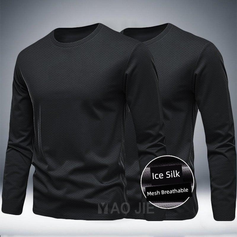 Spring and summer plus size ice silk mesh men's quick-drying long-sleeved round-neck sports running clothes fat T-shirt fitness training clothes - Image 3