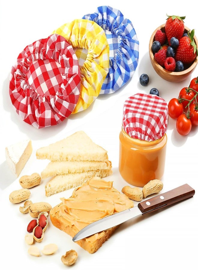 Bremorou Sourdough Jar Cover Set 3 Pcs Reusable Cloth Jar Covers for Sourdough Starter Plaid Elastic Handmade Cotton Covers for 3-4 Inch Jars Mouth Bowl Dough Basket Cover Preserving Lids Blue Yellow Red - Image 1