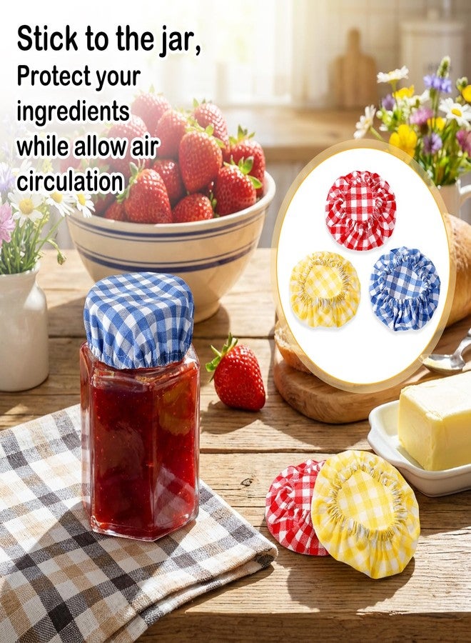 Bremorou Sourdough Jar Cover Set 3 Pcs Reusable Cloth Jar Covers for Sourdough Starter Plaid Elastic Handmade Cotton Covers for 3-4 Inch Jars Mouth Bowl Dough Basket Cover Preserving Lids Blue Yellow Red - Image 3