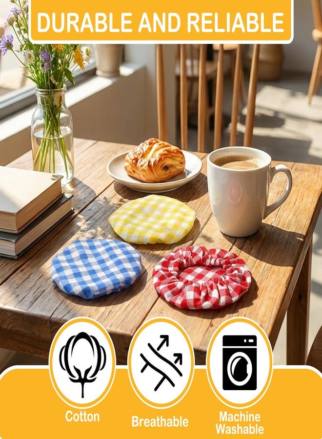 Bremorou Sourdough Jar Cover Set 3 Pcs Reusable Cloth Jar Covers for Sourdough Starter Plaid Elastic Handmade Cotton Covers for 3-4 Inch Jars Mouth Bowl Dough Basket Cover Preserving Lids Blue Yellow Red - Image 4
