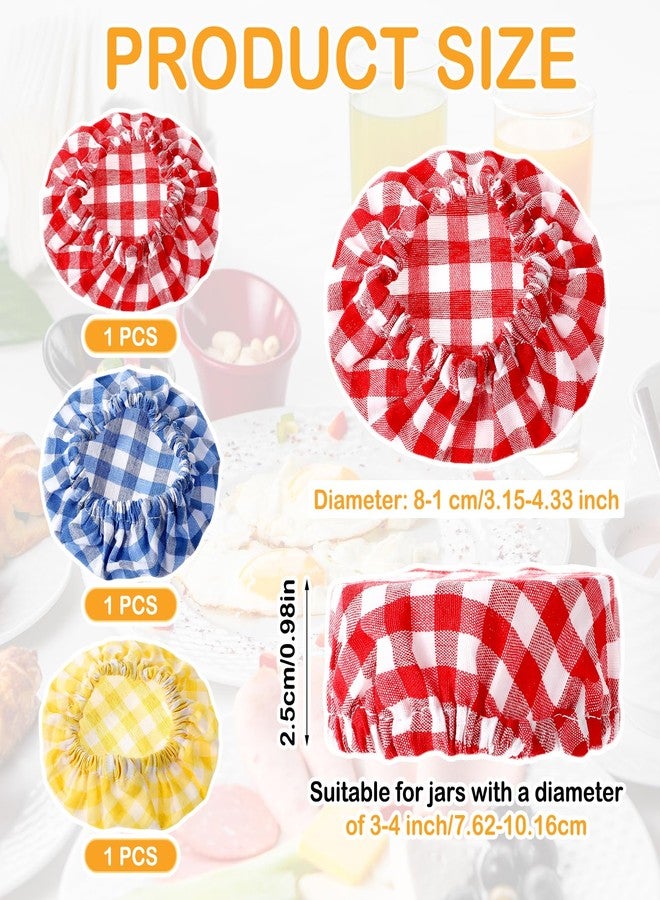 Bremorou Sourdough Jar Cover Set 3 Pcs Reusable Cloth Jar Covers for Sourdough Starter Plaid Elastic Handmade Cotton Covers for 3-4 Inch Jars Mouth Bowl Dough Basket Cover Preserving Lids Blue Yellow Red - Image 2