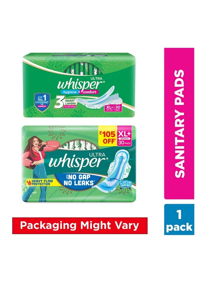 Whisper - Ultra Hygiene+Comfort Sanitary Pads, 30 Xl+ Pads, For Heavy Flow, Long Lasting Protection, Locks Odour & Wetness, Dry Top Sheet, Disposable Wrapper - Image 1