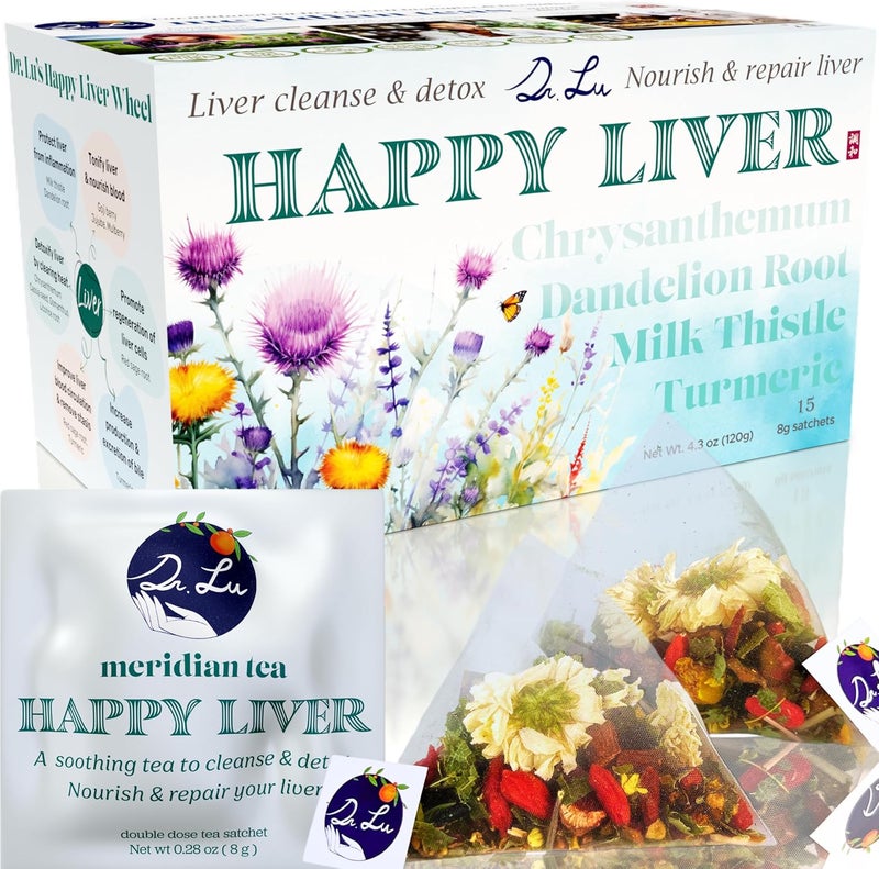 Dr. Lu’s Happy Liver Tea - 100% Natural Liver Cleanse Detox & Repair Tea with Milk Thistle, Turmeric, and Dandelion Root - 15 Sachets - Image 1