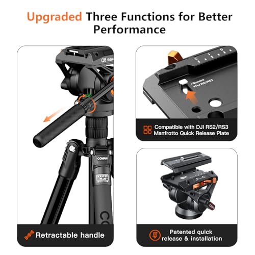 COMAN Fluid Head Tripod for DSLR Camcorder,Camera Monopod Tripod 360° Pan&+90°/-70° Tilt,New Q6 Fluid Head Aluminum Alloy QR Plate Compatible with DJI RS Gimbal Manfrotto Max Load 17.6lb (KX3939Plus - Image 2