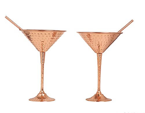 BOLD & DIVINE BOLD  DIVIN Handmade Hammered Pure Copper Martini Globlets  With Exquisite Reinforcement Ring  Pure Copper Straws  Set of 2  95 Oz  Glasses for Wedding Valentines Gift 