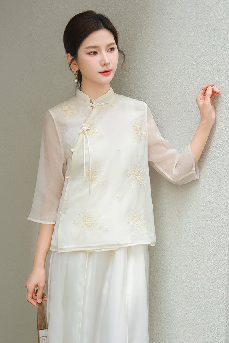 2024 Spring Summer Ladies Modern Hanfu Embroidered Shirt Apricot