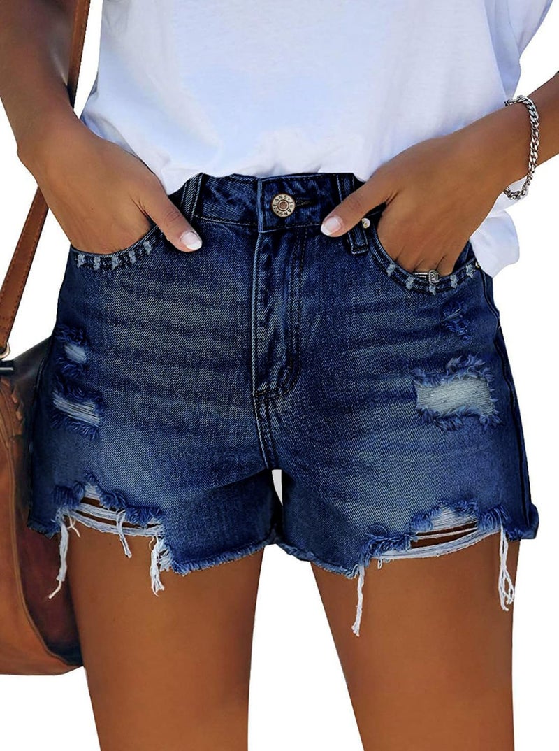 Pink Queen Summer Trendy Ripped Jean Shorts for Women High Rise Tummy Control Straight Legs Hot Shorts Destroyed Frayed Raw Hem Denim Shorts with Pockets Blue XL - Image 1