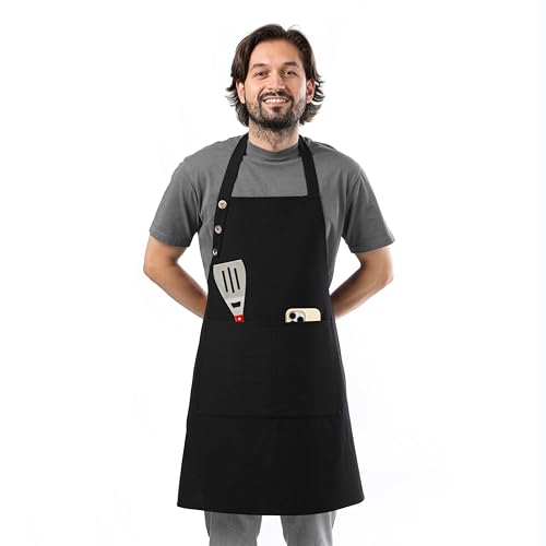 TOSHE Kitchen Apron Waterdrop Resistant Cotton Apron with adjustable Aprons for Women with Pockets 10 Color option Cooking Black Apron (Black) - Image 1